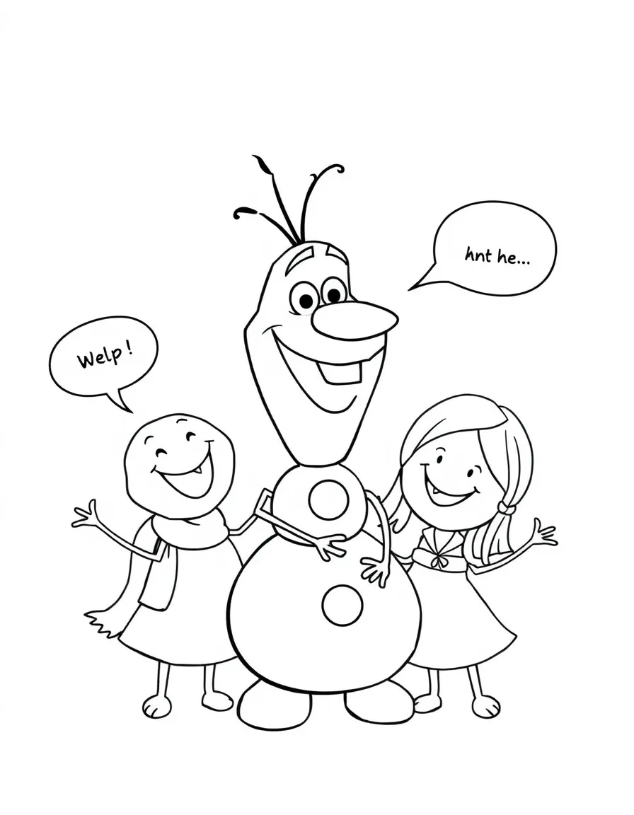 A cartoon-style drawing of Olaf helping friends, with speech bubbles and cheerful faces.