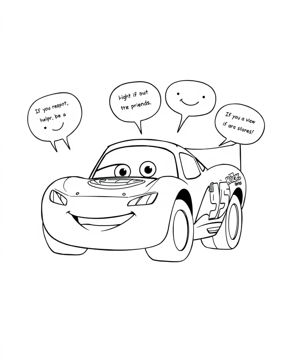 A cartoon-style drawing of Lightning McQueen helping friends, with speech bubbles and cheerful faces.
