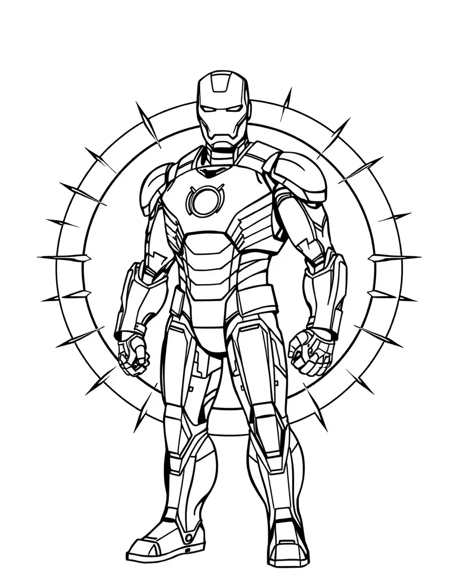 Iron Man standing proudly in front of their iconic logo with stars and comic-style effects around.