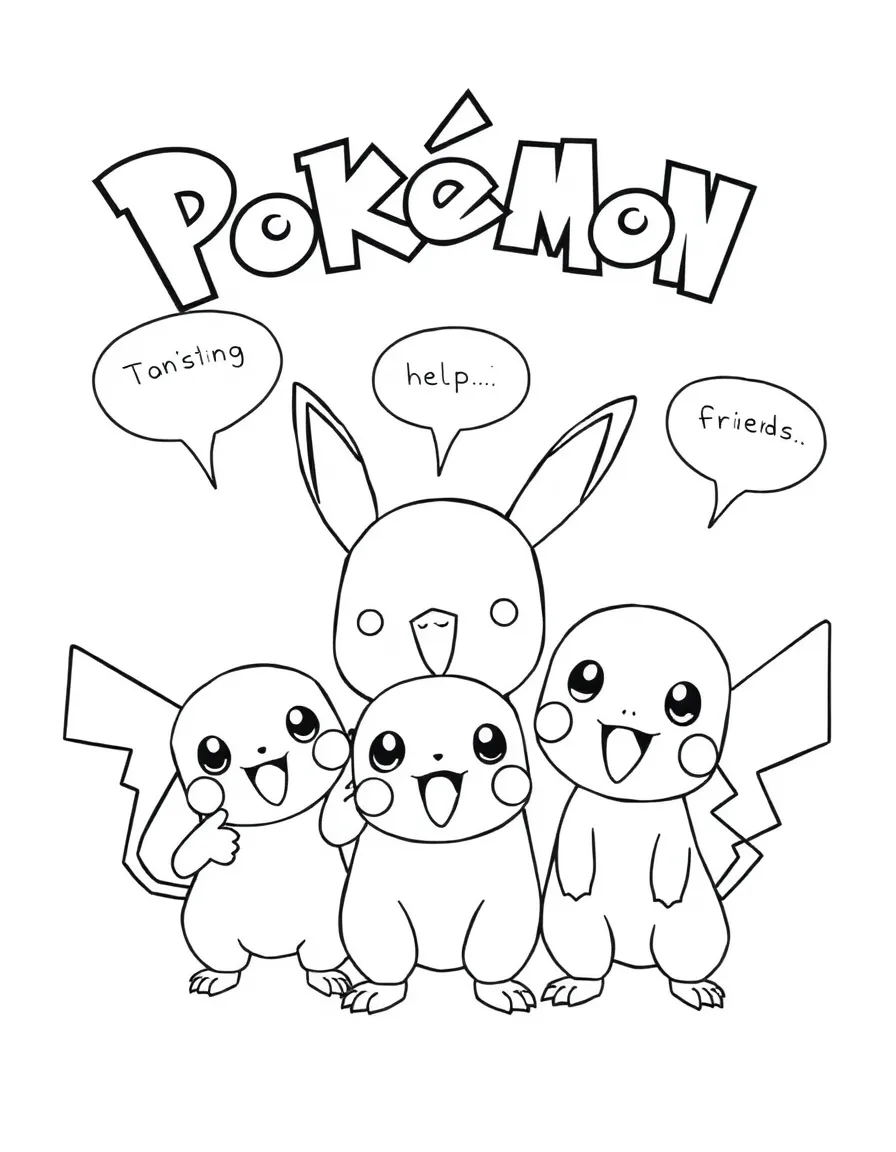 A cartoon-style drawing of Pokemon helping friends, with speech bubbles and cheerful faces.