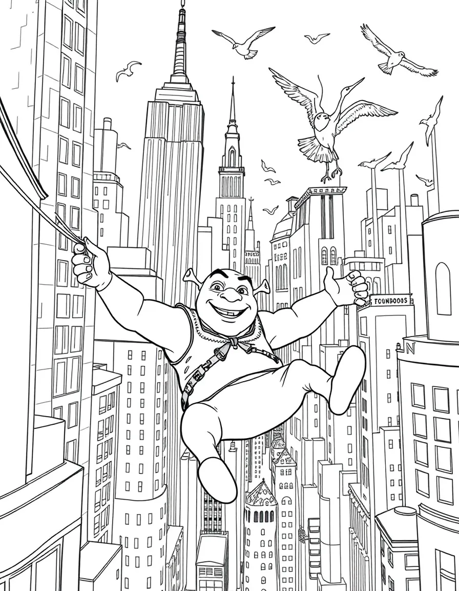 A fun and detailed coloring page of Shrek swinging through a city full of tall buildings and birds.