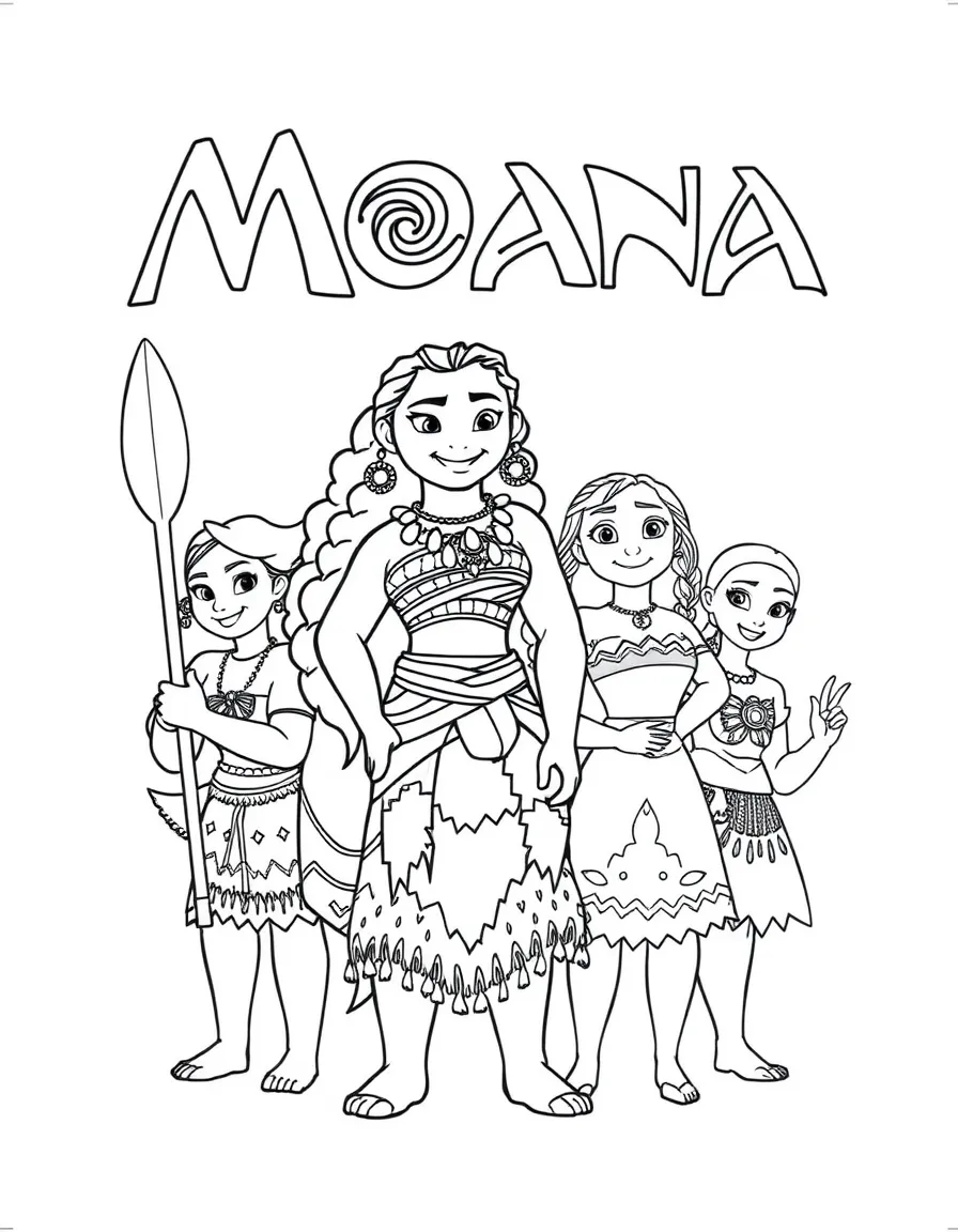 A group coloring page featuring Moana with other characters from the same show or movie.