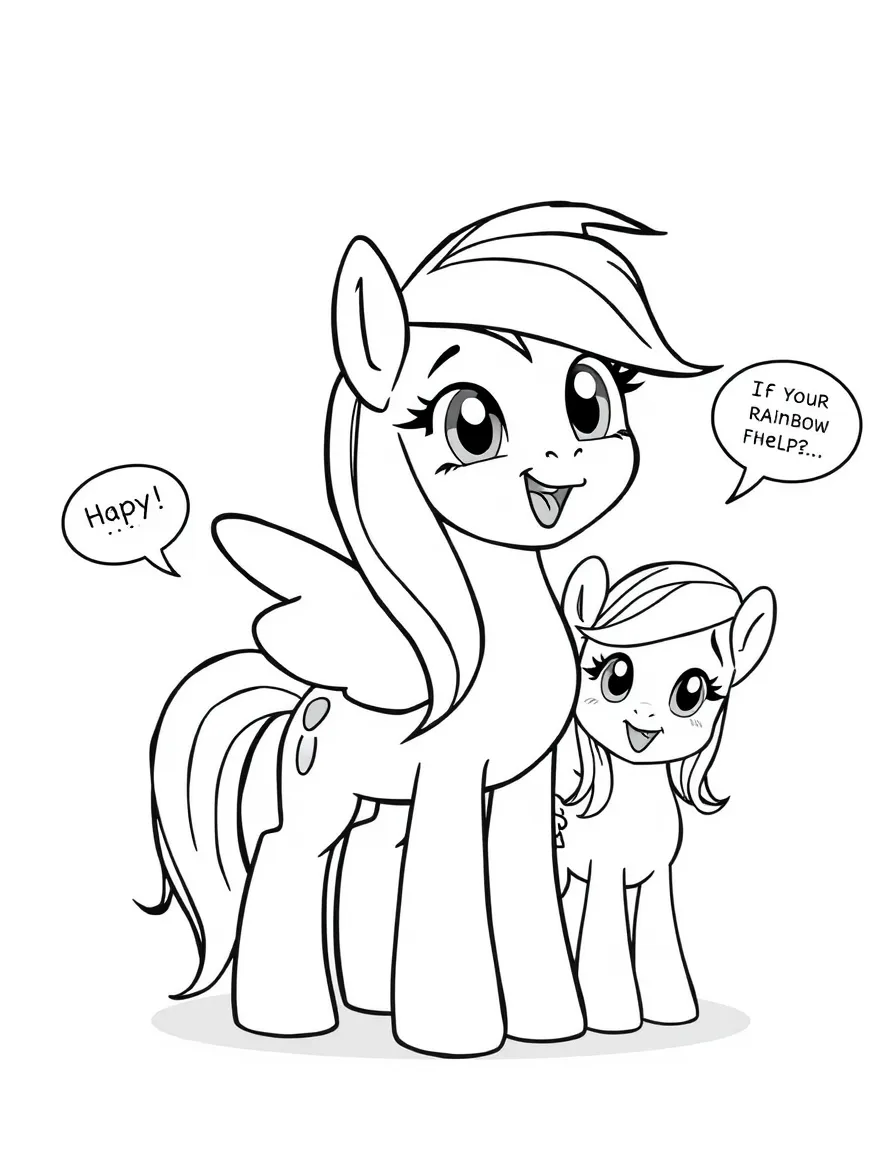 A cartoon-style drawing of Rainbow Dash helping friends, with speech bubbles and cheerful faces.