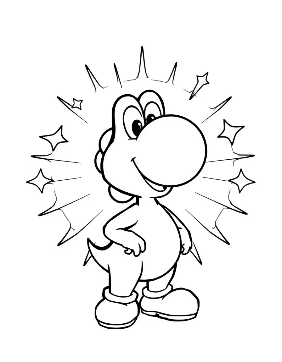 Yoshi standing proudly in front of their iconic logo with stars and comic-style effects around.