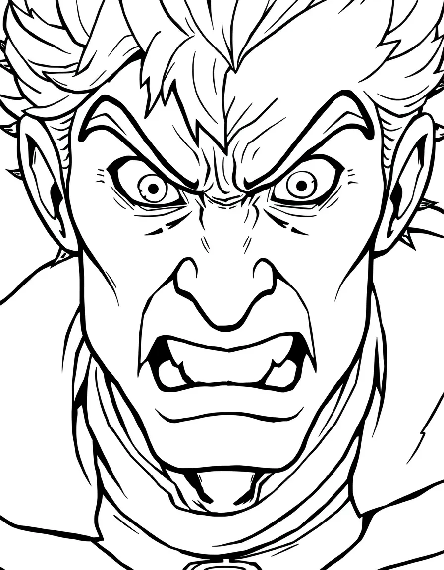A close-up of Anger's face in bold lines with expressive eyes and detailed costume elements.