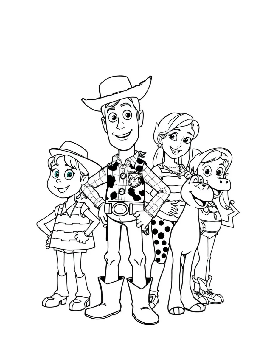 A group coloring page featuring Woody with other characters from the same show or movie.