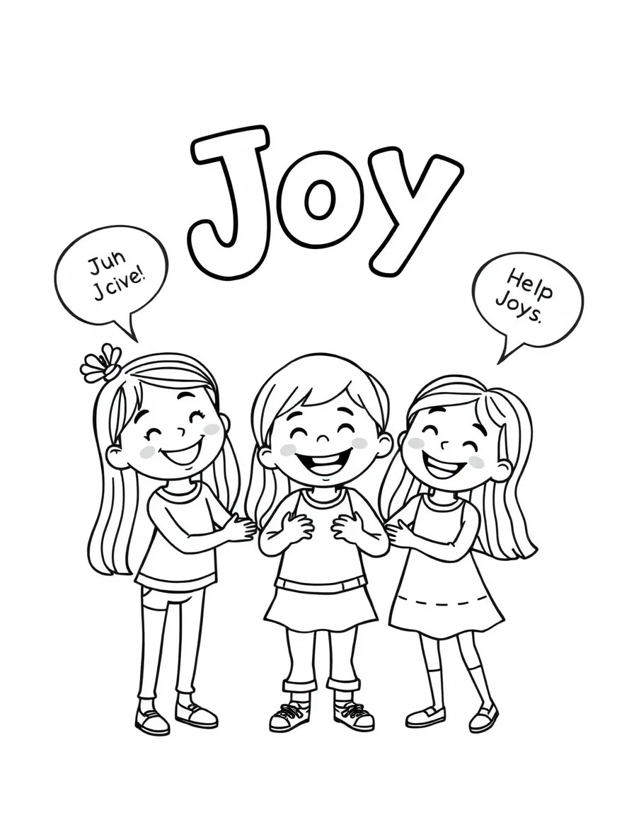 A cartoon-style drawing of Joy helping friends, with speech bubbles and cheerful faces.