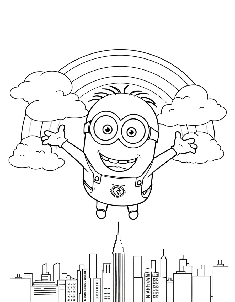 Despicable Me flying through the clouds with a rainbow behind and city skyline below.