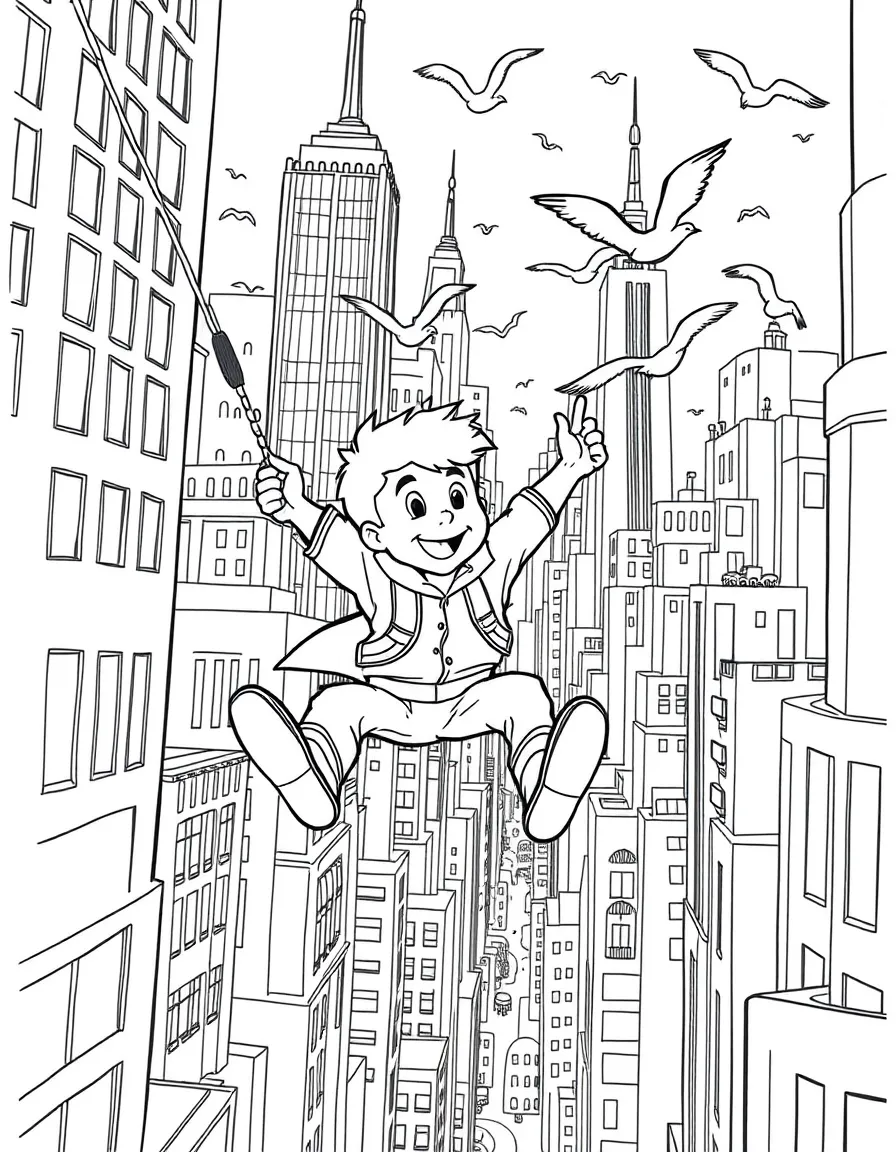 A fun and detailed coloring page of Steve swinging through a city full of tall buildings and birds.