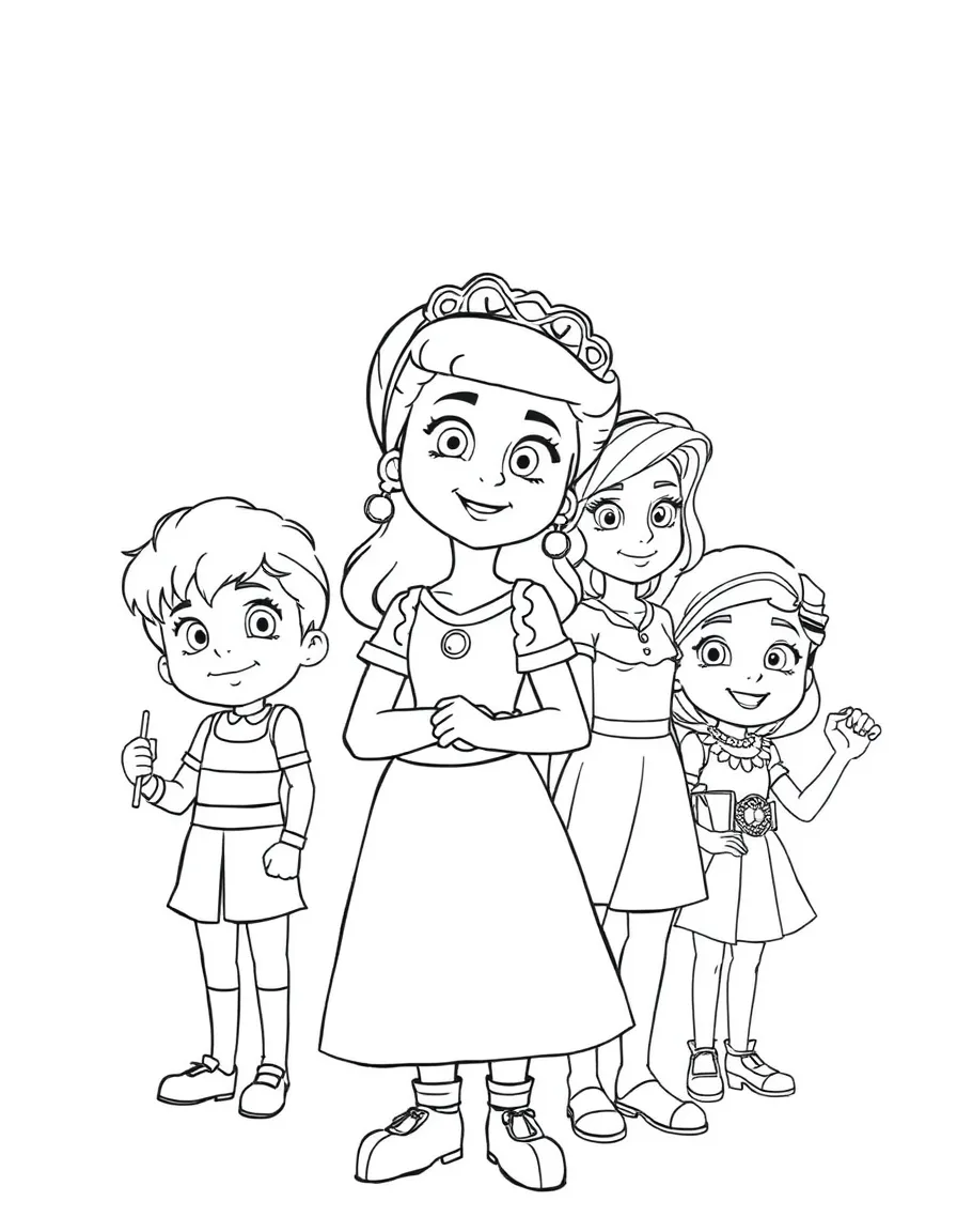 A group coloring page featuring Fiona with other characters from the same show or movie.