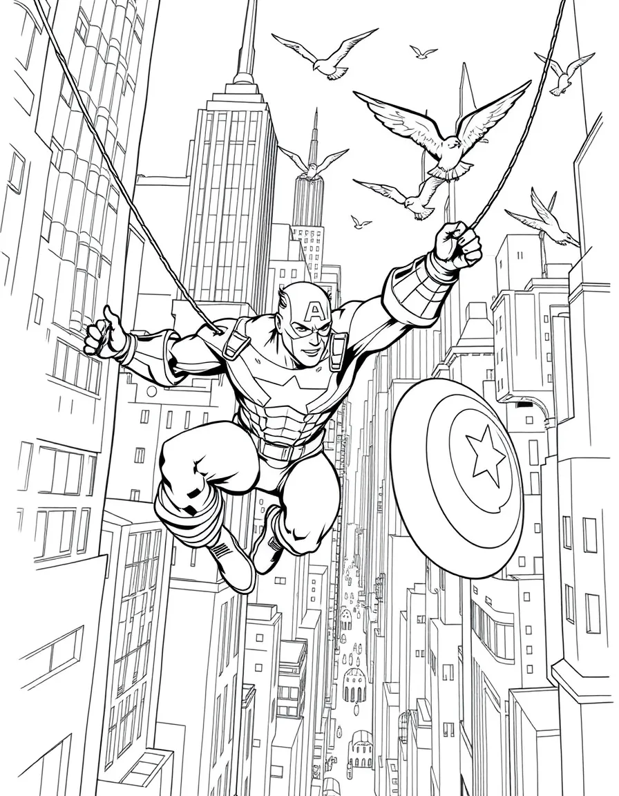 A fun and detailed coloring page of Captain America swinging through a city full of tall buildings and birds.