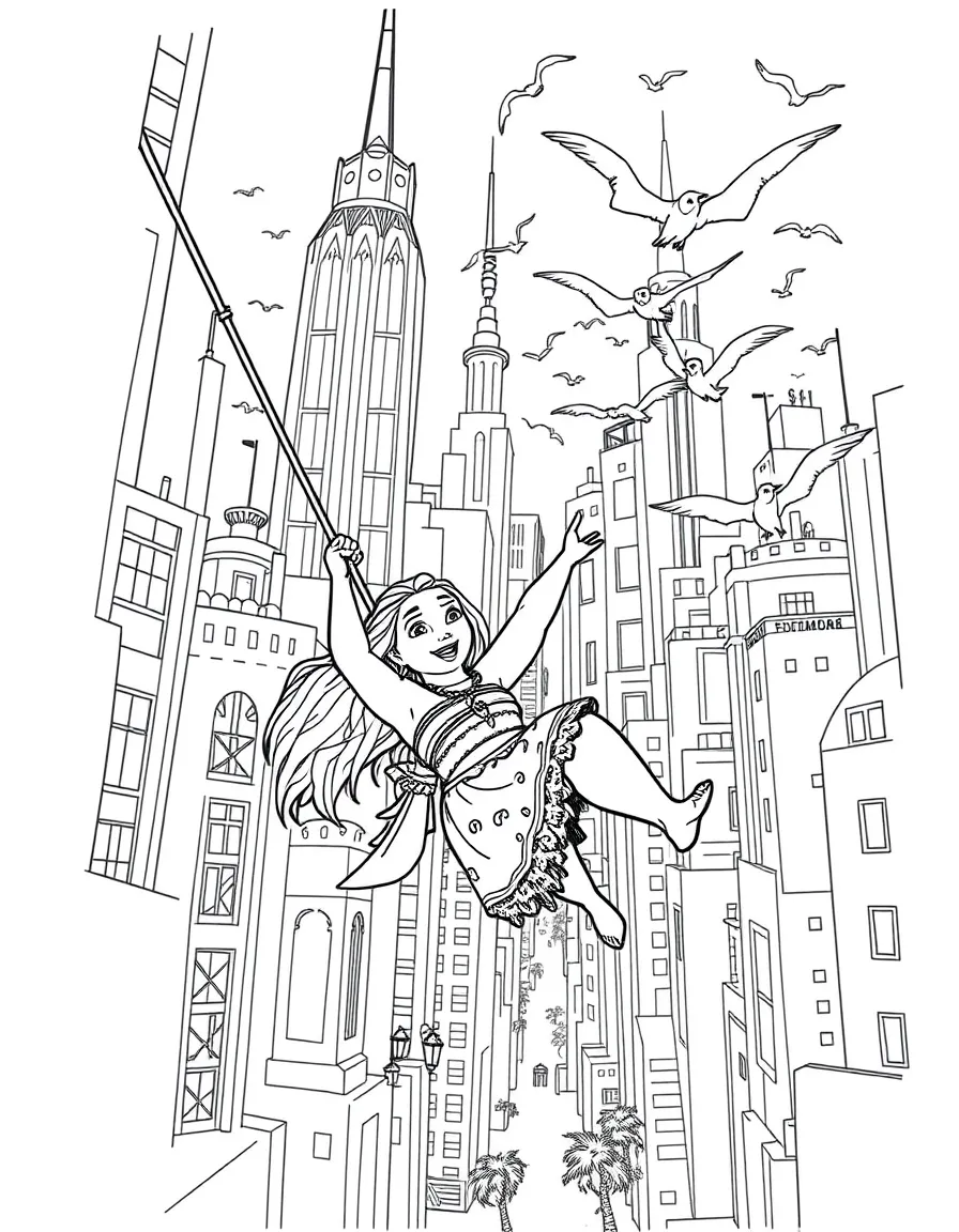 A fun and detailed coloring page of Moana swinging through a city full of tall buildings and birds.