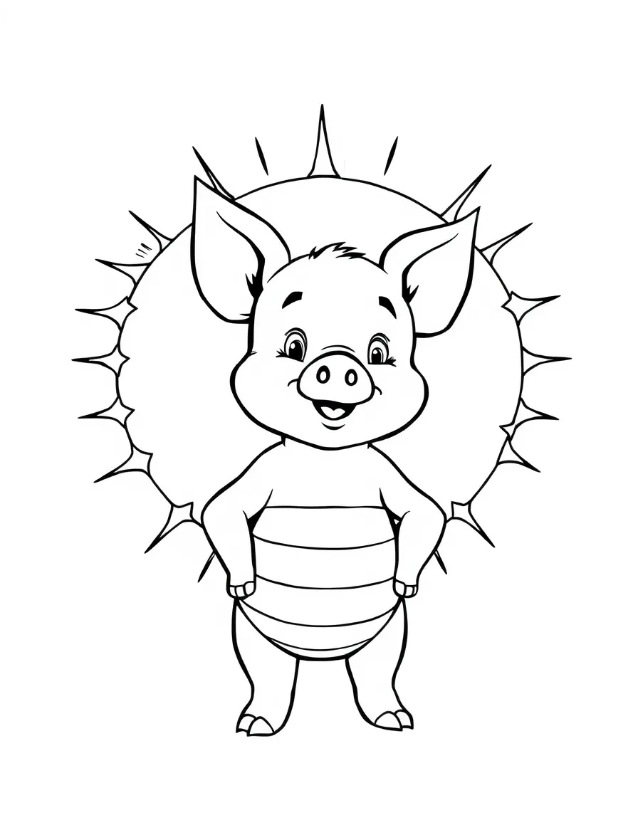 Piglet standing proudly in front of their iconic logo with stars and comic-style effects around.