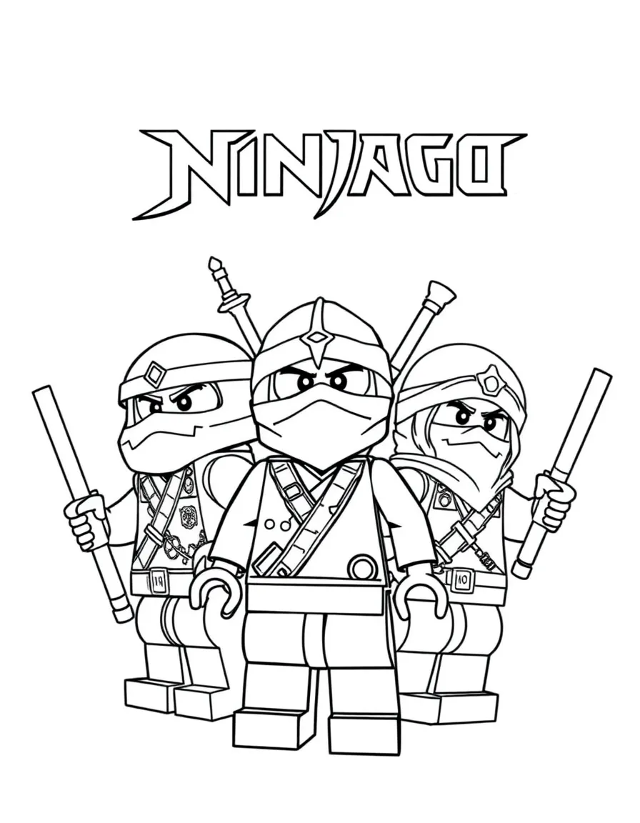 A group coloring page featuring Lego Ninjago with other characters from the same show or movie.