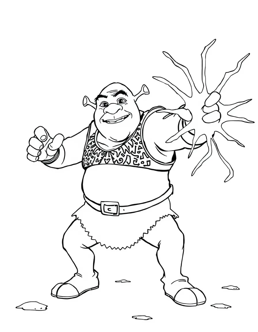 An action-packed scene of Shrek using their special powers in a dramatic battle pose.
