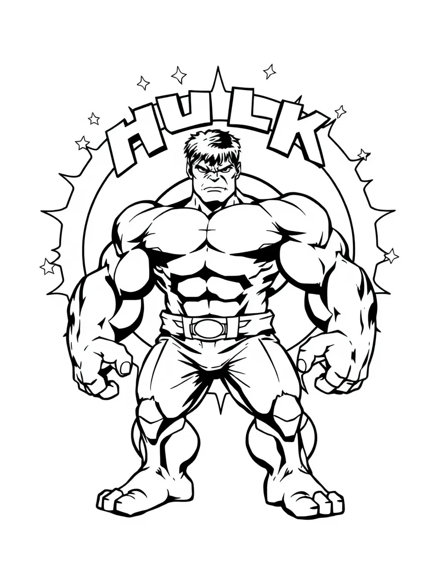 Hulk standing proudly in front of their iconic logo with stars and comic-style effects around.