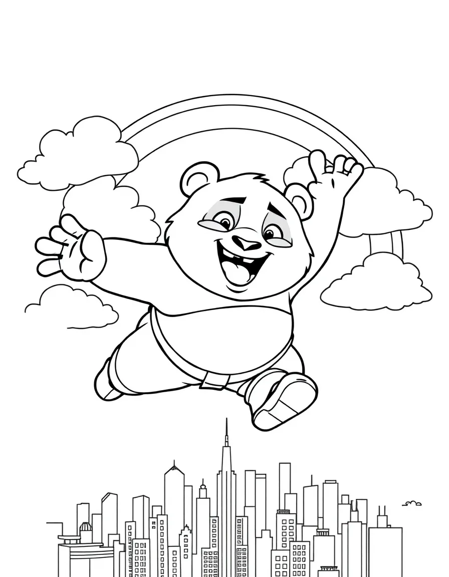 Kung Fu Panda flying through the clouds with a rainbow behind and city skyline below.