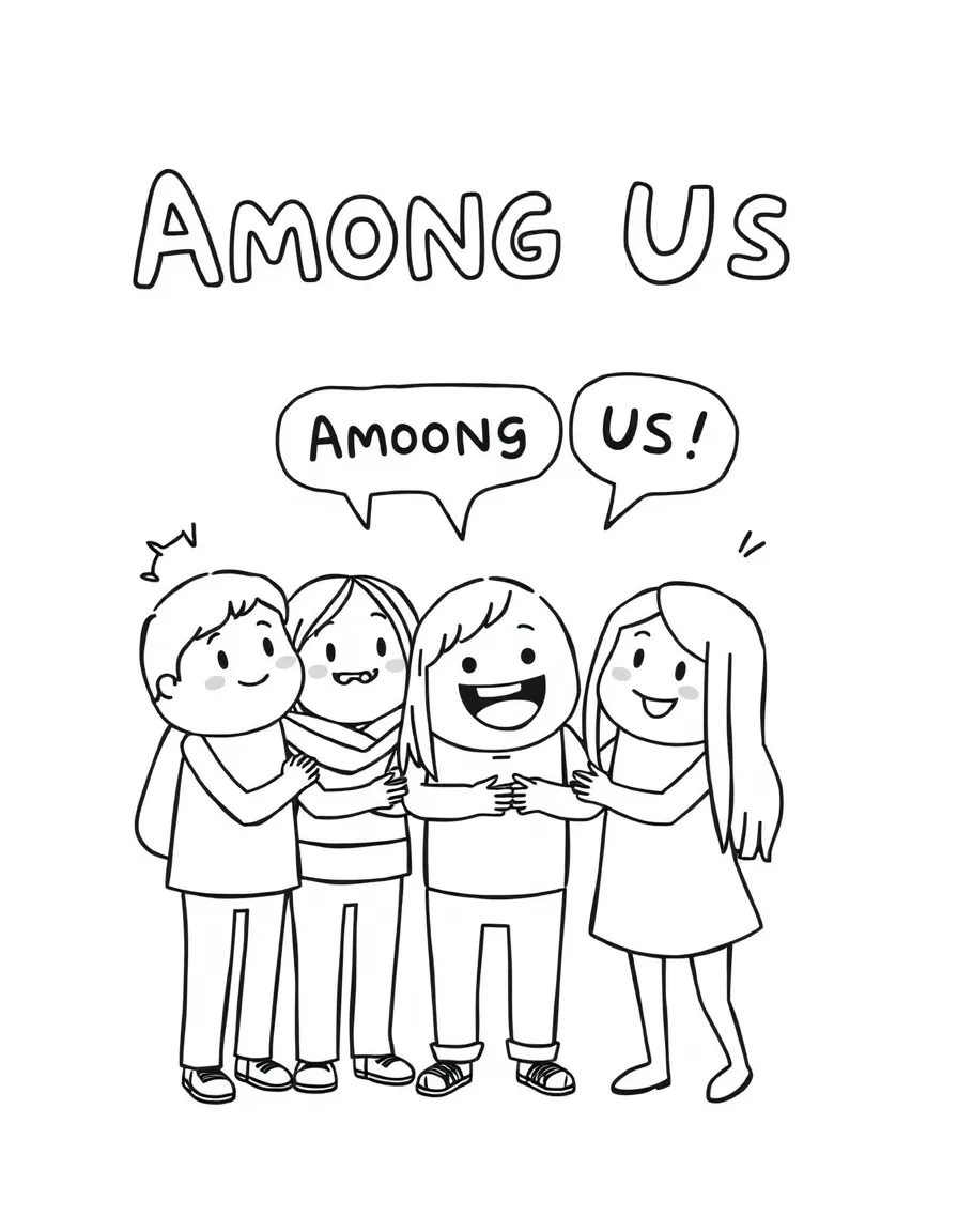 A cartoon-style drawing of Among Us helping friends, with speech bubbles and cheerful faces.