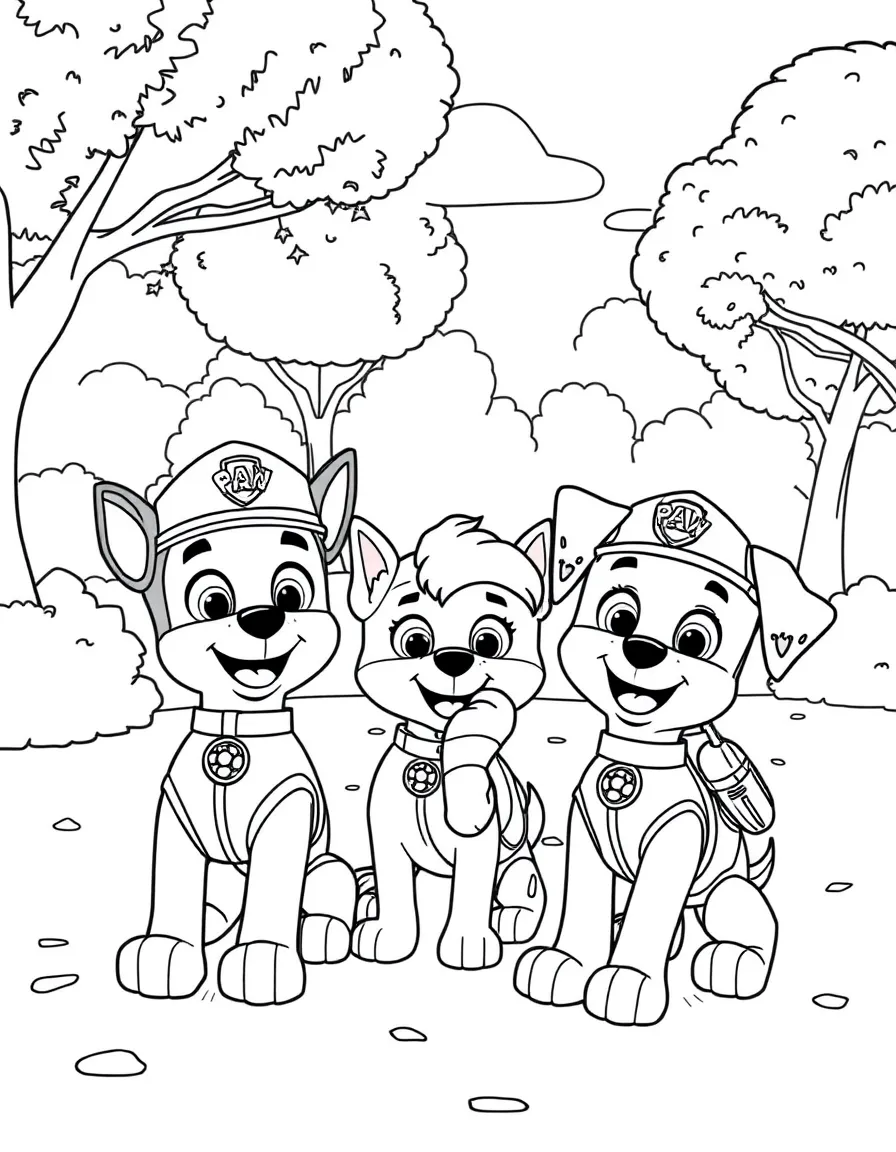 Paw Patrol enjoying a day off, eating ice cream or playing with friends in a park setting.