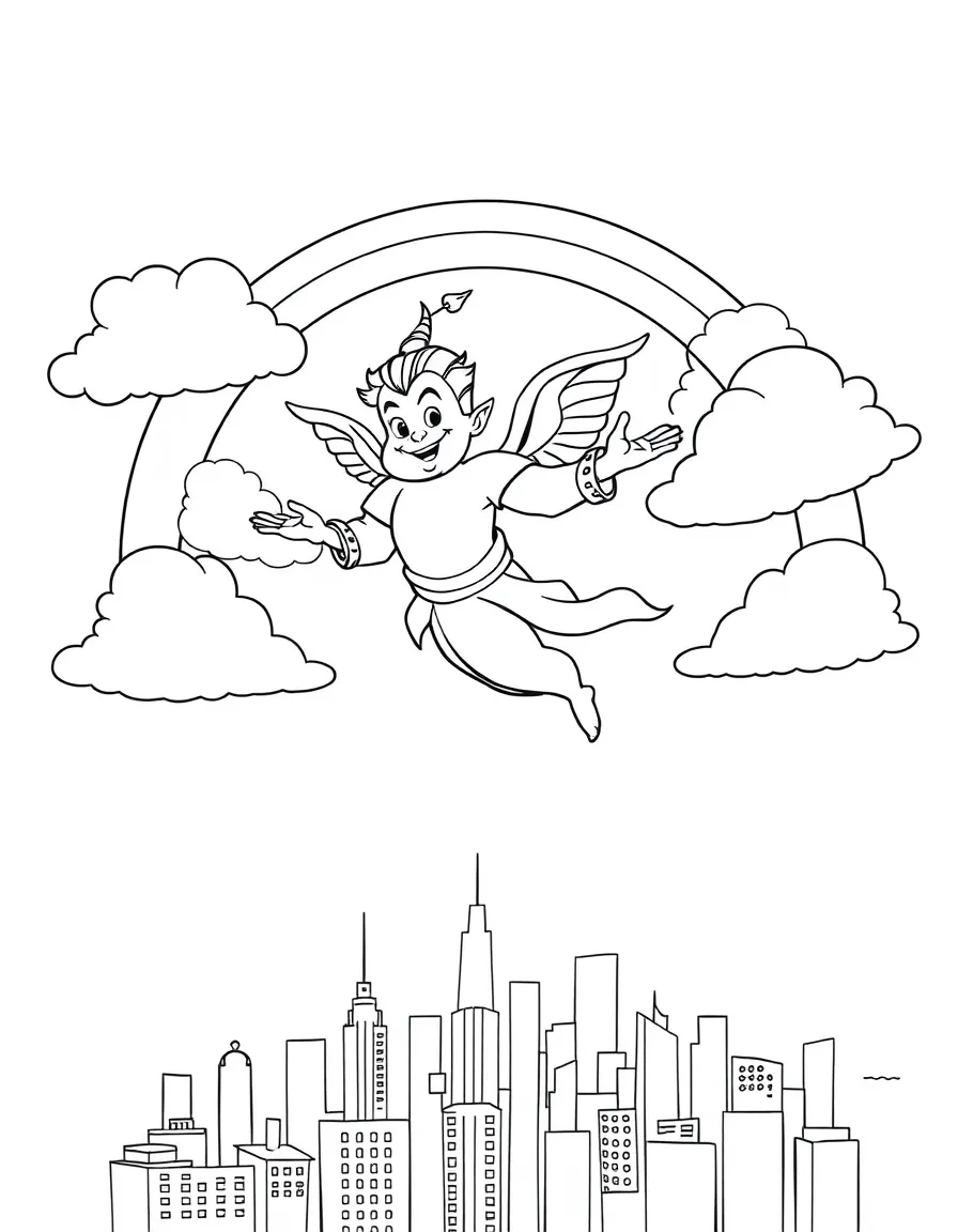 Genie flying through the clouds with a rainbow behind and city skyline below.