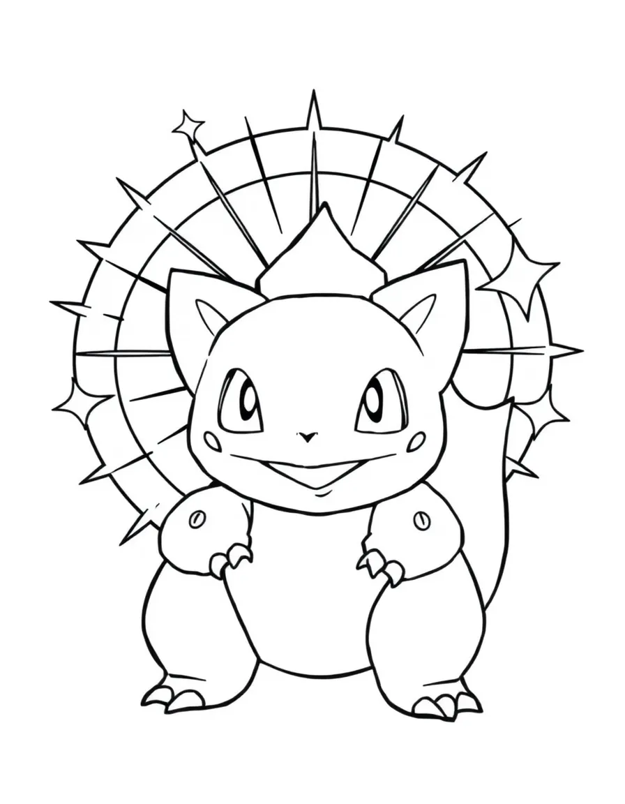 Bulbasaur standing proudly in front of their iconic logo with stars and comic-style effects around.