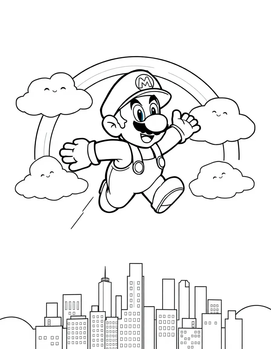 Mario flying through the clouds with a rainbow behind and city skyline below.