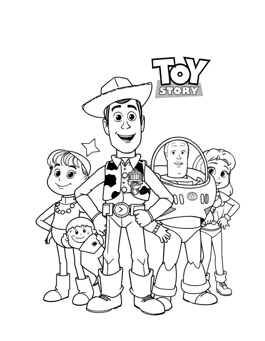A group coloring page featuring Toy Story with other characters from the same show or movie.