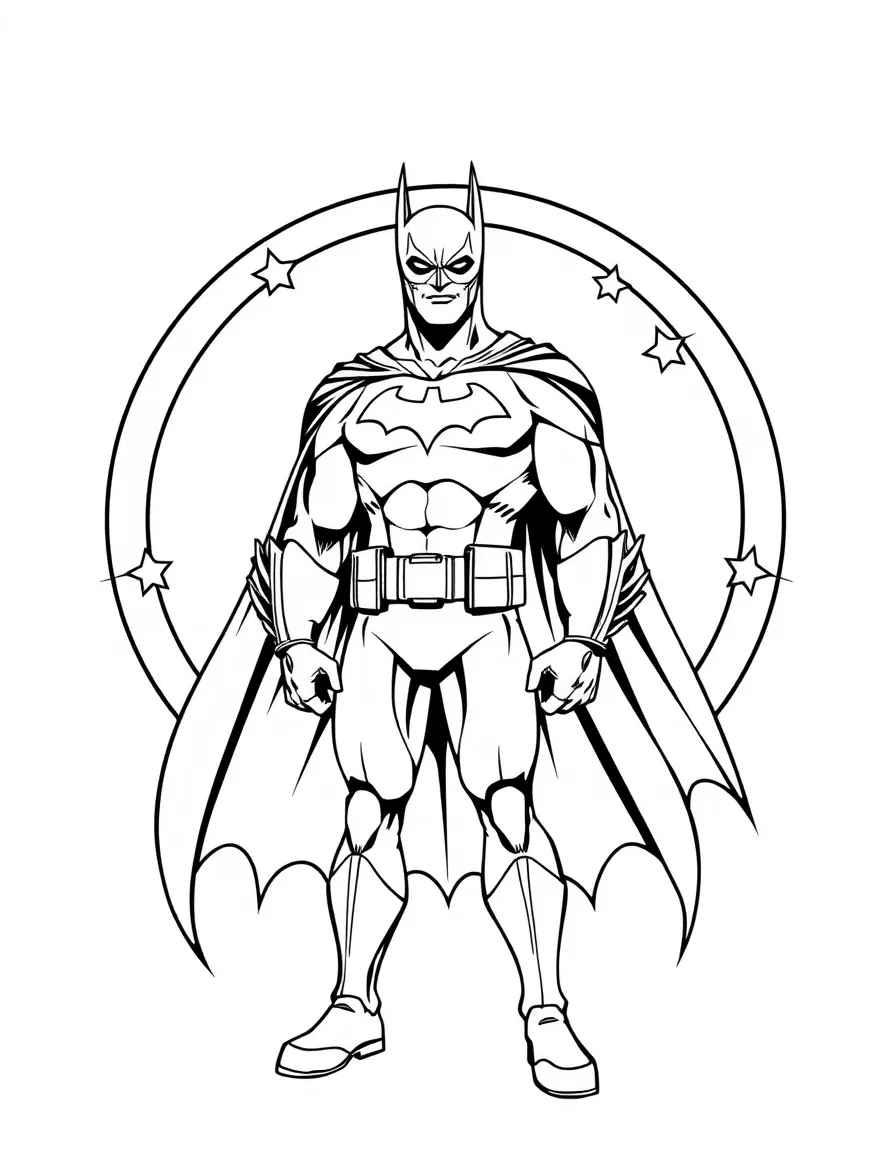 Batman standing proudly in front of their iconic logo with stars and comic-style effects around.