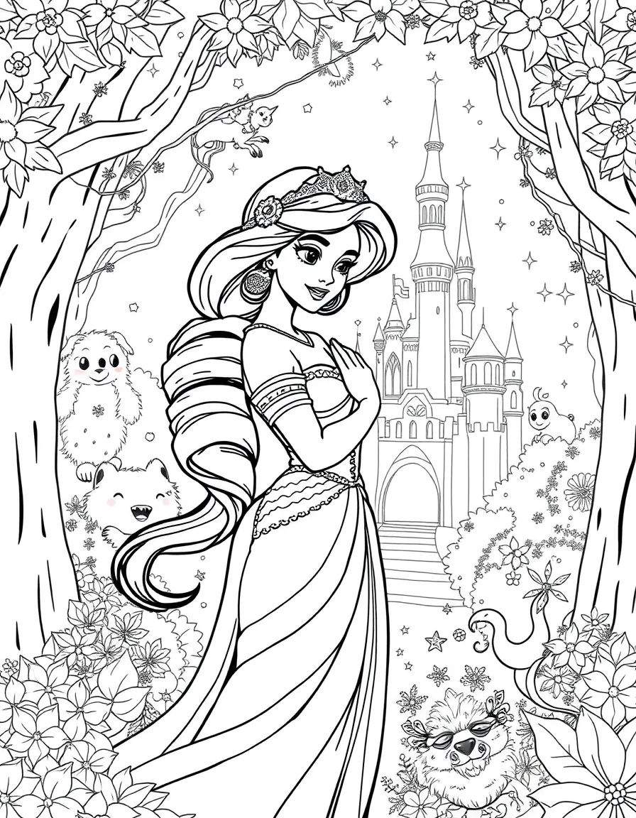 A fantasy background of Jasmine in a magical forest or castle, with sparkles and mystical creatures.