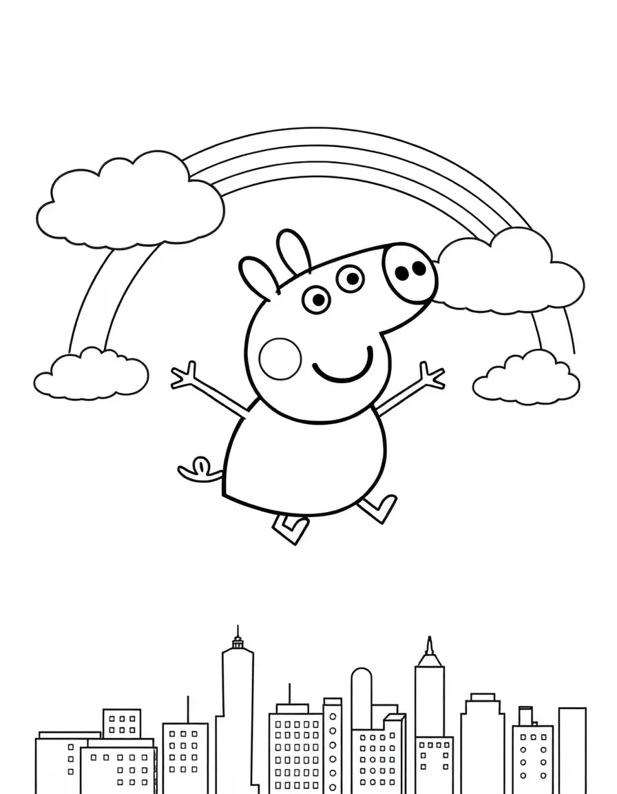 Peppa Pig flying through the clouds with a rainbow behind and city skyline below.