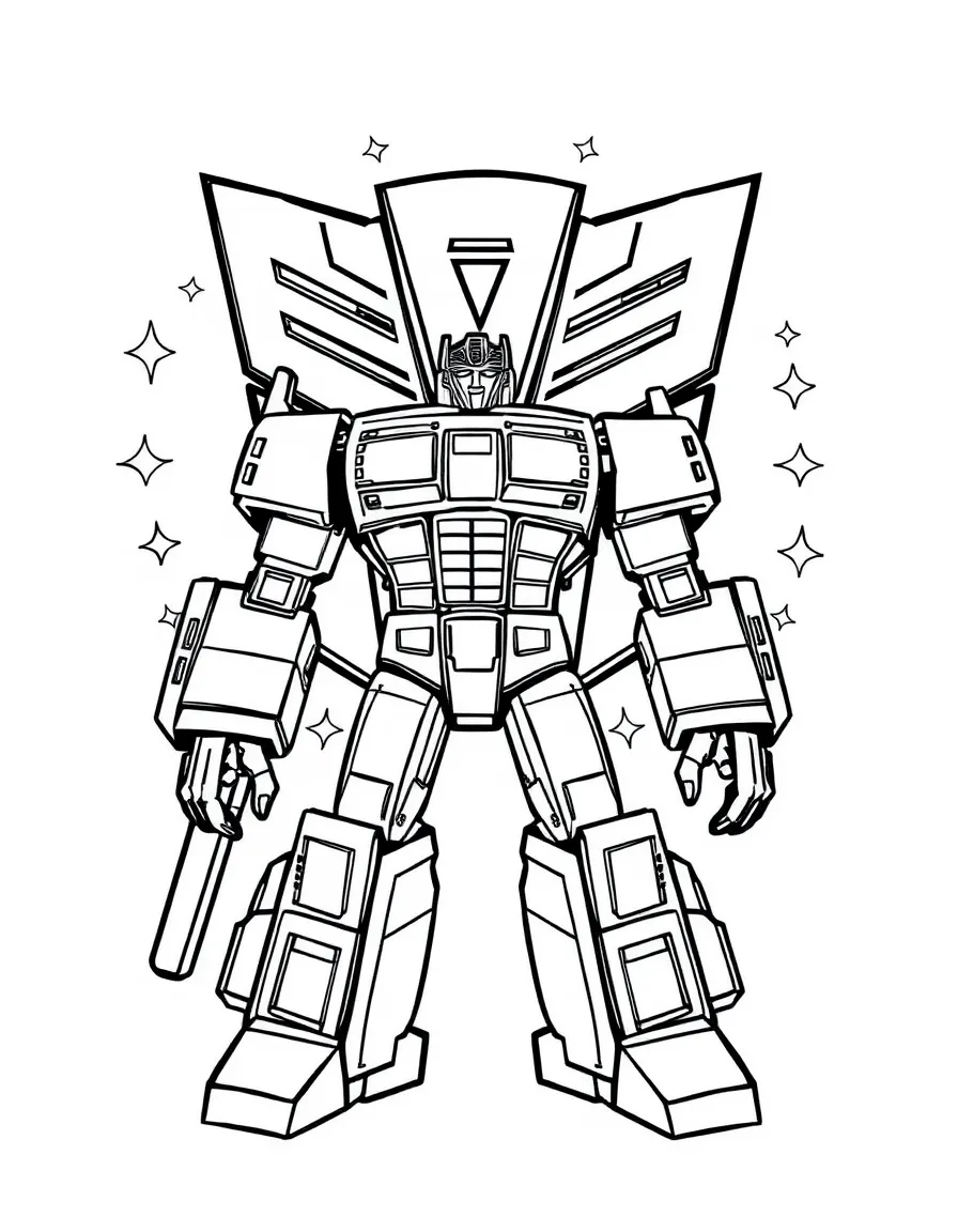 Transformers standing proudly in front of their iconic logo with stars and comic-style effects around.