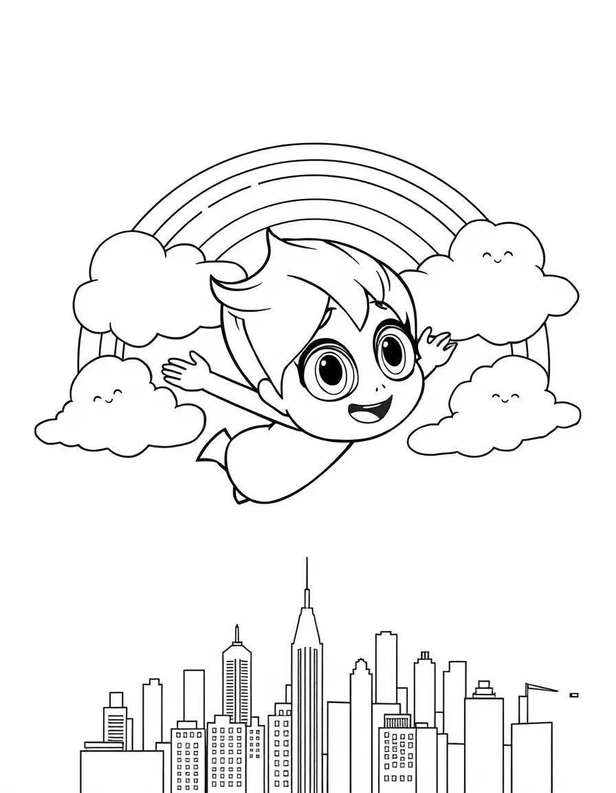 Inside Out flying through the clouds with a rainbow behind and city skyline below.