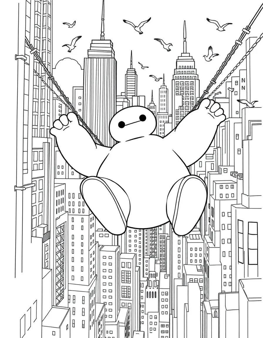 A fun and detailed coloring page of Baymax swinging through a city full of tall buildings and birds.