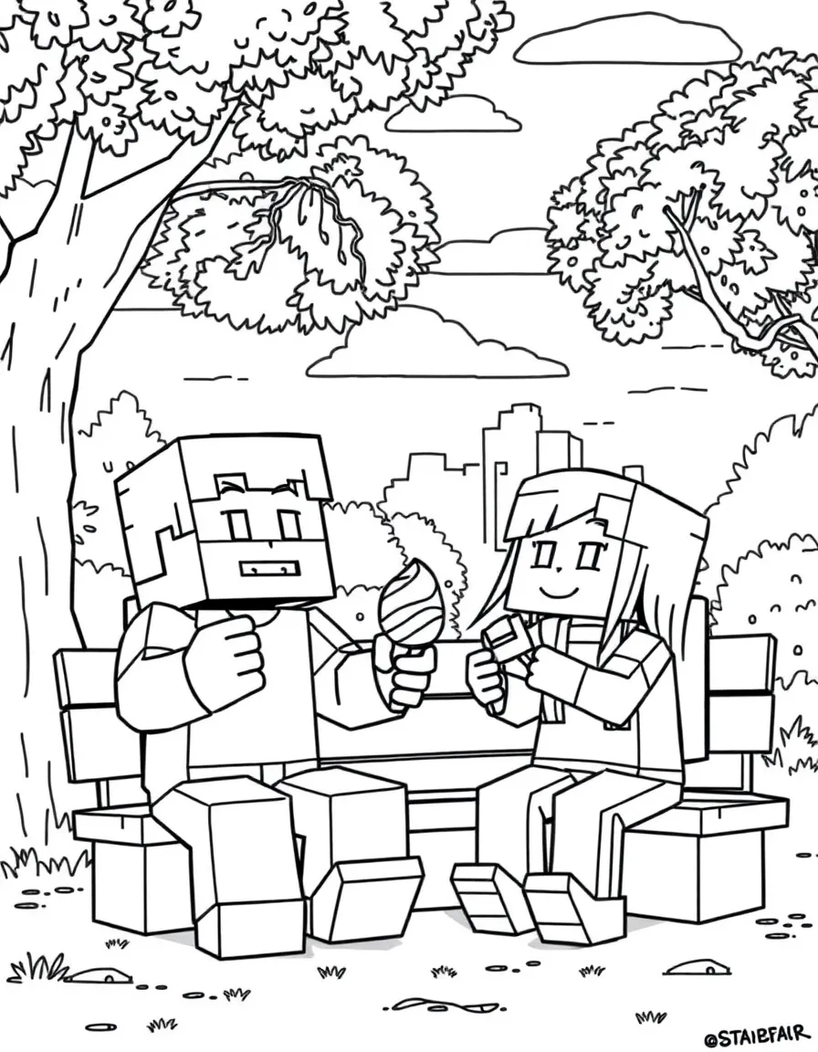 Minecraft enjoying a day off, eating ice cream or playing with friends in a park setting.