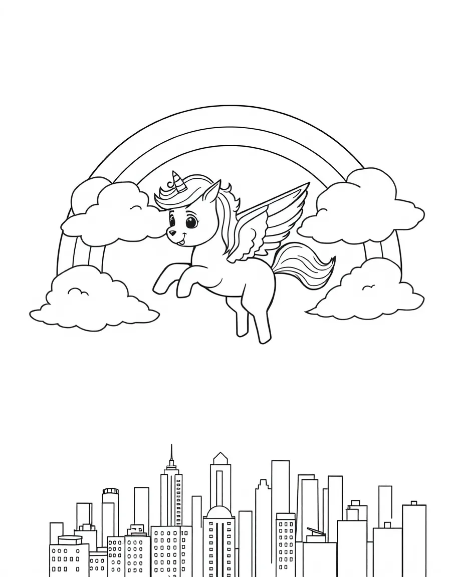 Po flying through the clouds with a rainbow behind and city skyline below.