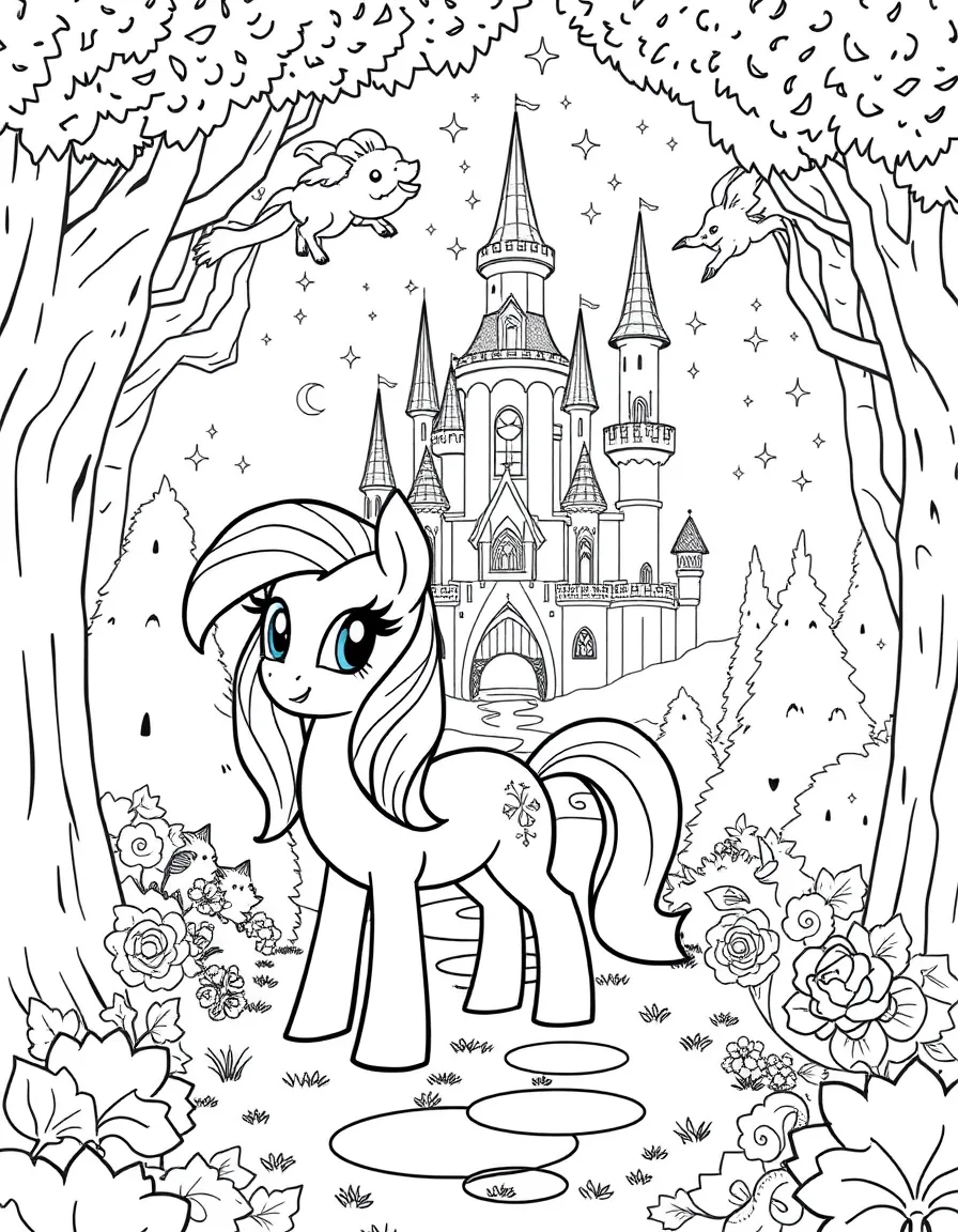A fantasy background of My Little Pony in a magical forest or castle, with sparkles and mystical creatures.