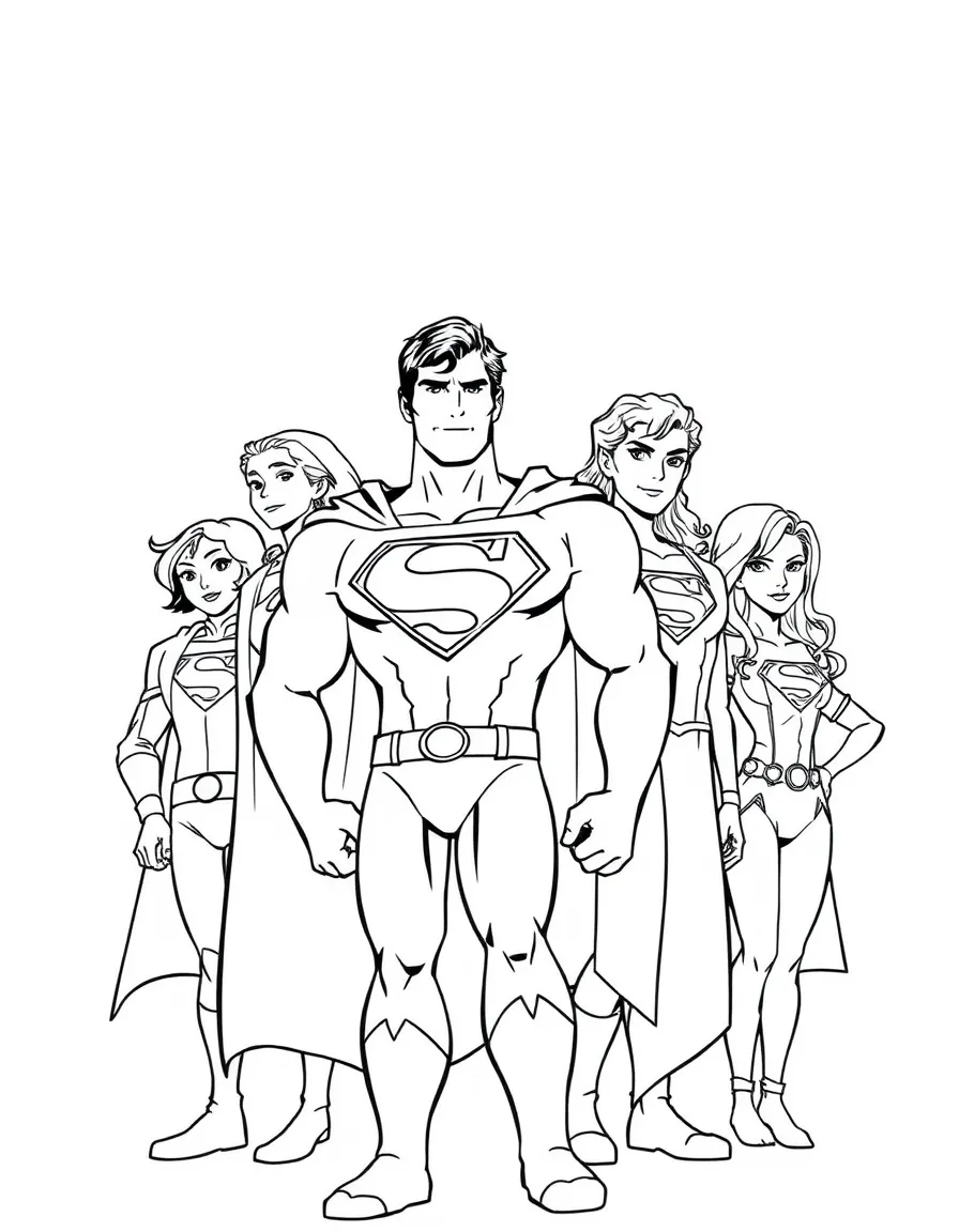 A group coloring page featuring Superman with other characters from the same show or movie.