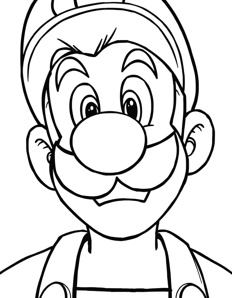 A close-up of Luigi's face in bold lines with expressive eyes and detailed costume elements.