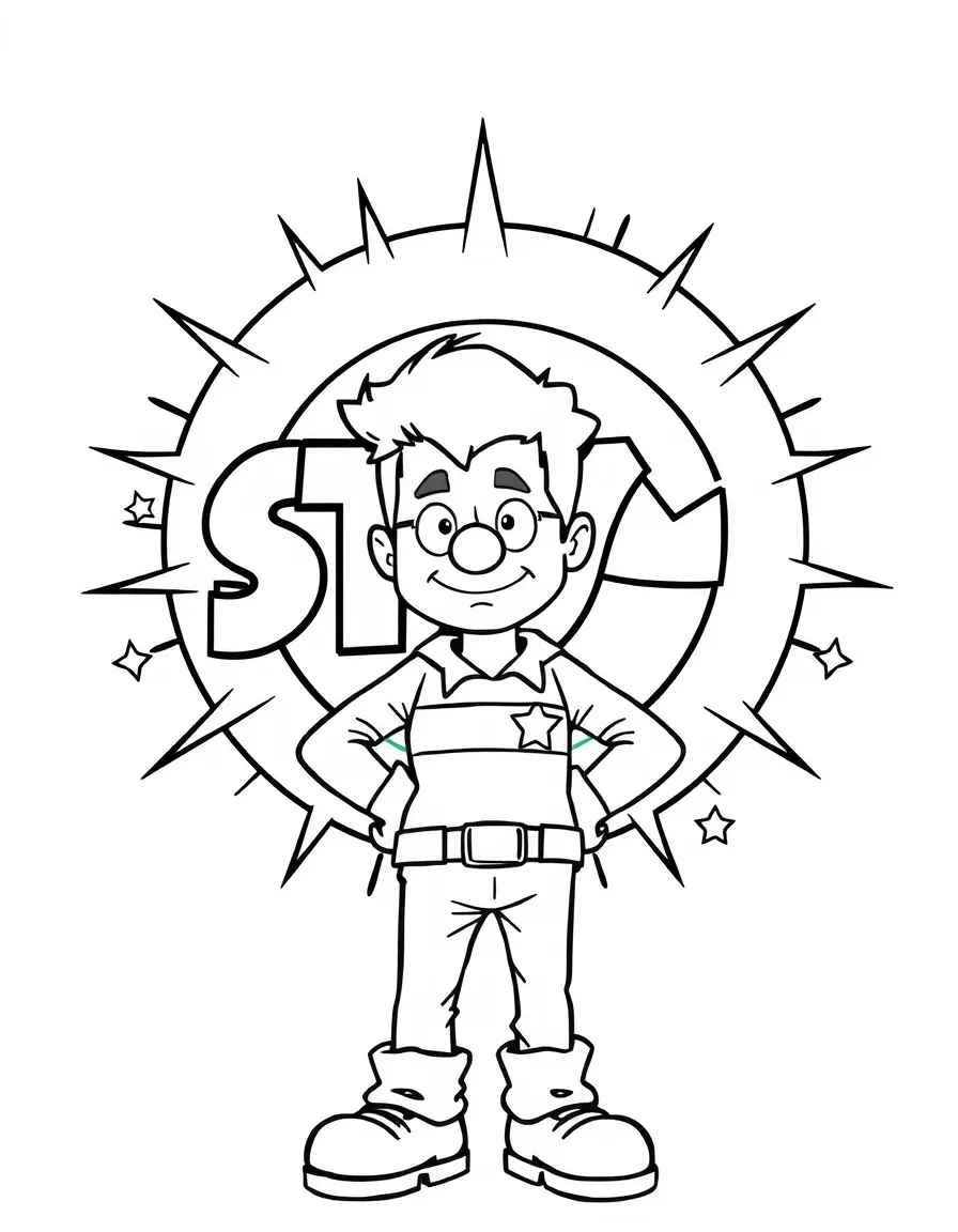 Steve standing proudly in front of their iconic logo with stars and comic-style effects around.