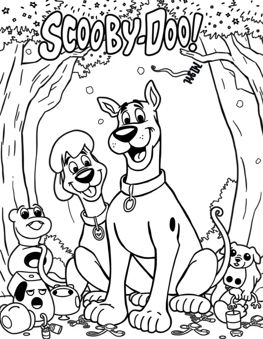 Scooby-Doo smiling and posing with their sidekicks, surrounded by trees, toys, or fun backgrounds.