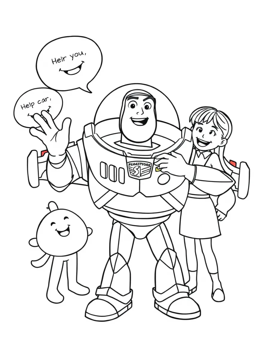 A cartoon-style drawing of Buzz Lightyear helping friends, with speech bubbles and cheerful faces.