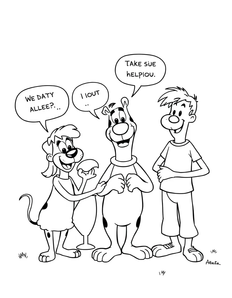 A cartoon-style drawing of Shaggy helping friends, with speech bubbles and cheerful faces.