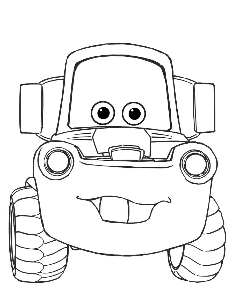 A close-up of Mater's face in bold lines with expressive eyes and detailed costume elements.