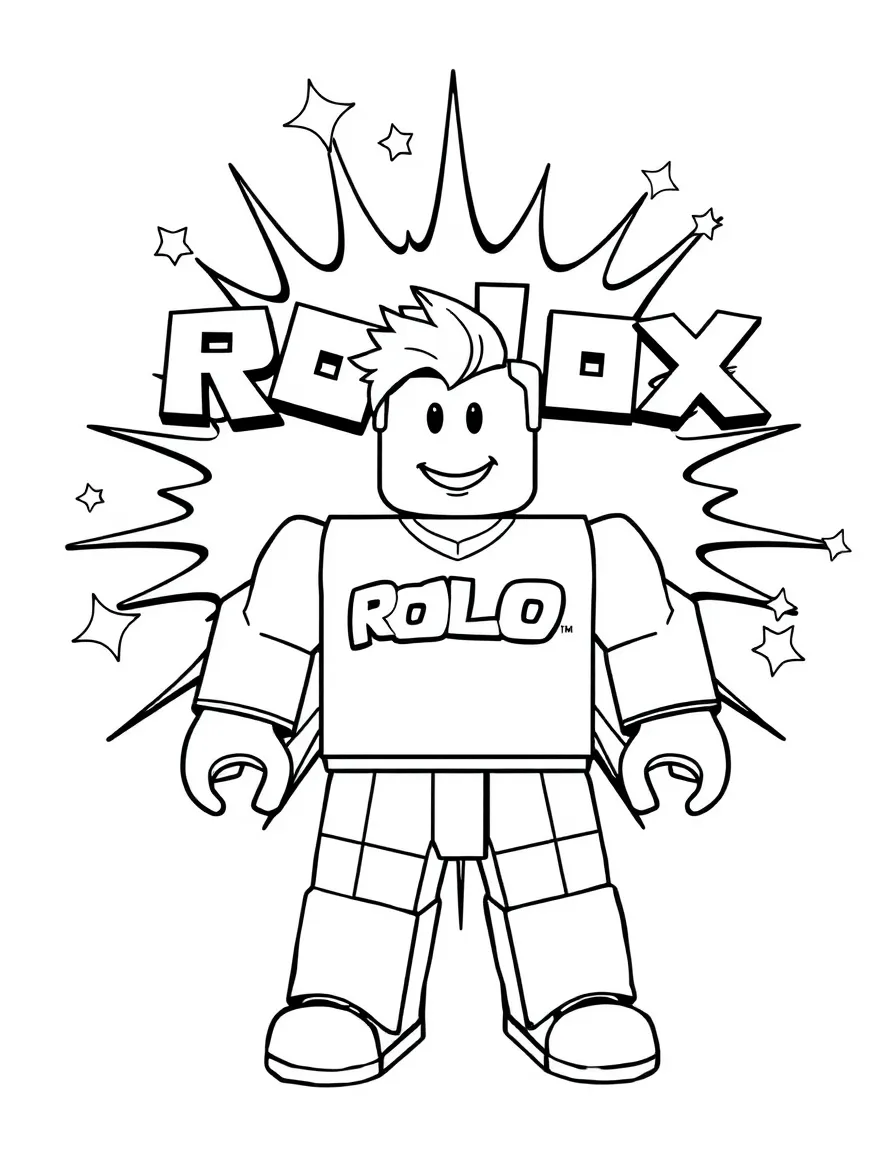 Roblox standing proudly in front of their iconic logo with stars and comic-style effects around.