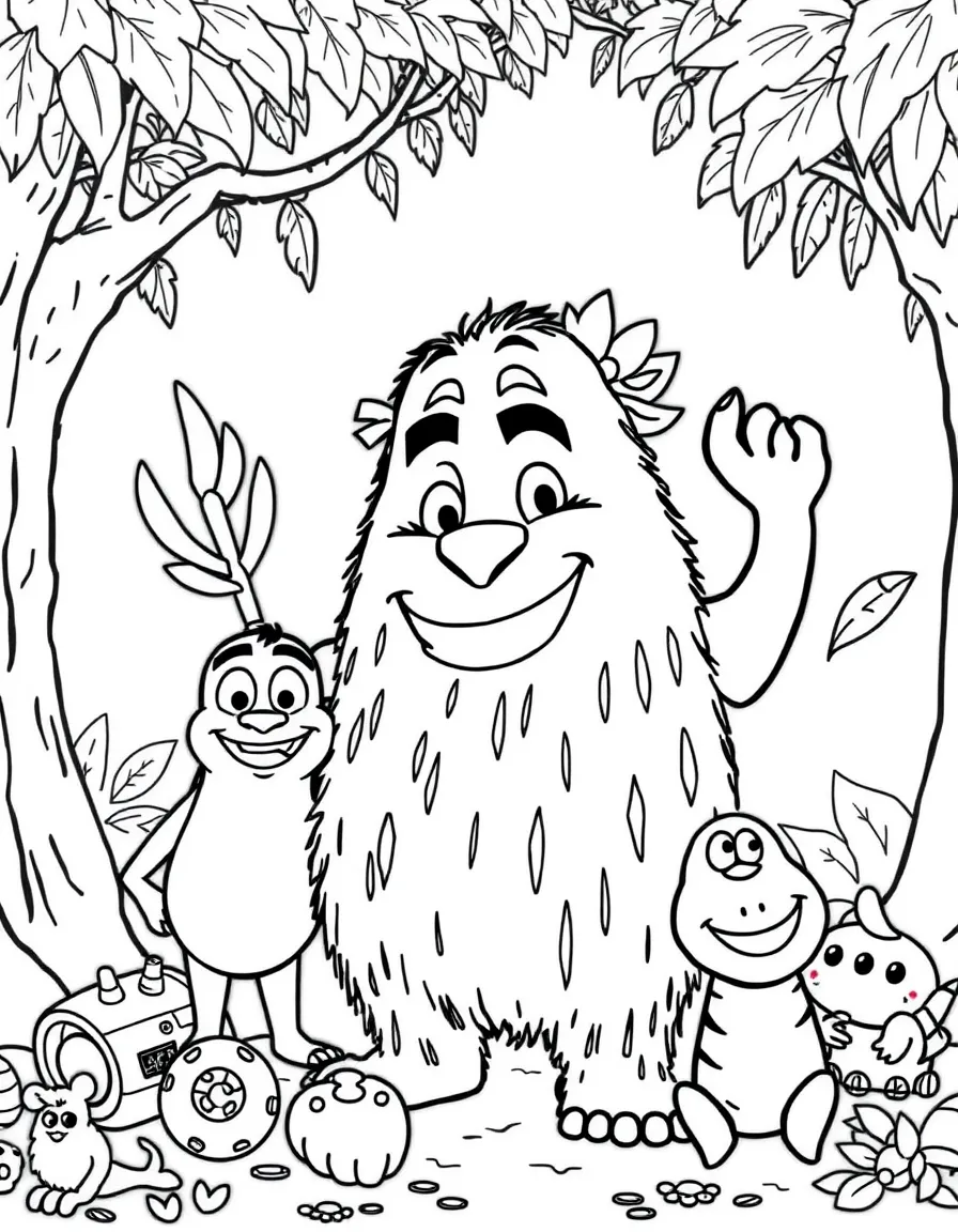 Maui smiling and posing with their sidekicks, surrounded by trees, toys, or fun backgrounds.