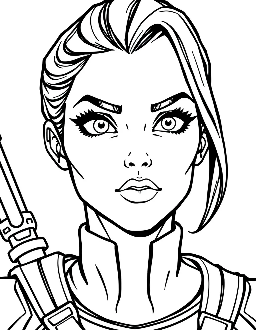 A close-up of Skye's face in bold lines with expressive eyes and detailed costume elements.