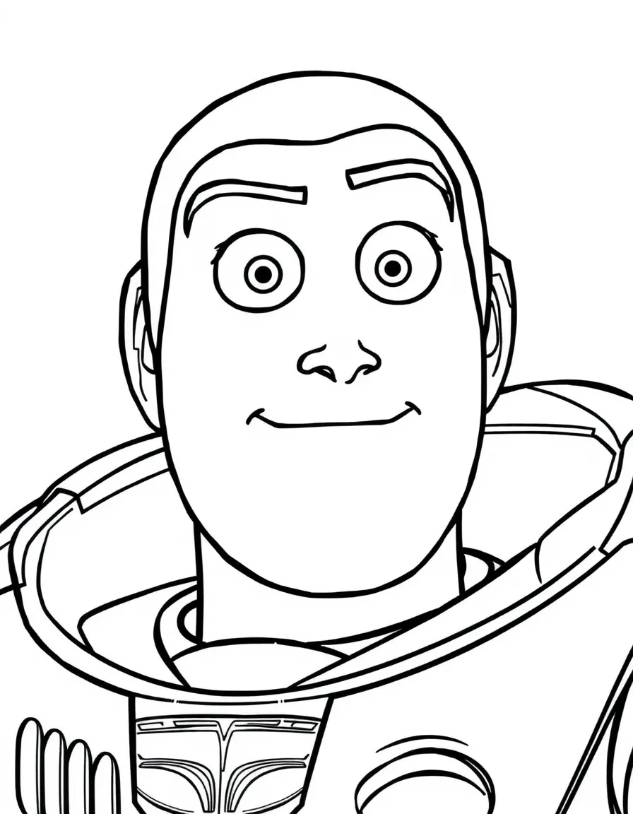 A close-up of Buzz Lightyear's face in bold lines with expressive eyes and detailed costume elements.