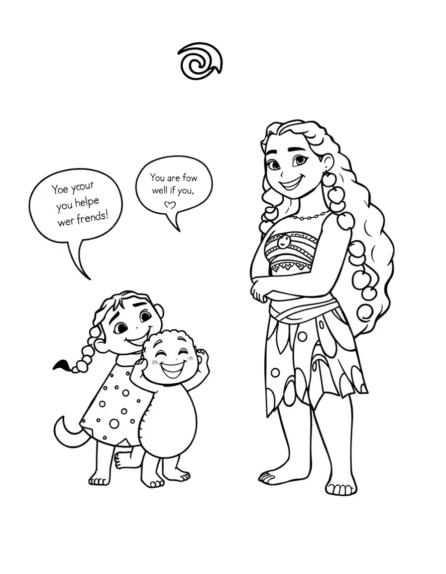 A cartoon-style drawing of Moana helping friends, with speech bubbles and cheerful faces.