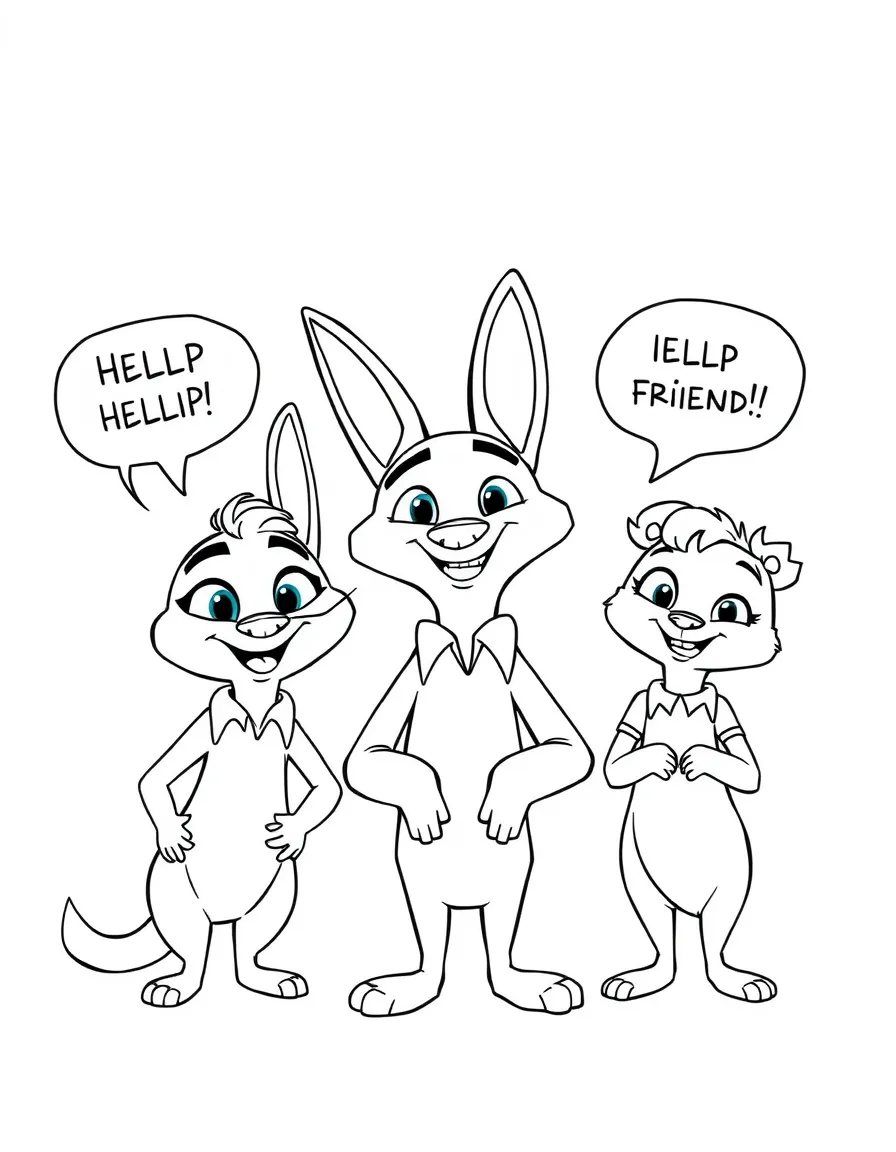 A cartoon-style drawing of Zootopia helping friends, with speech bubbles and cheerful faces.