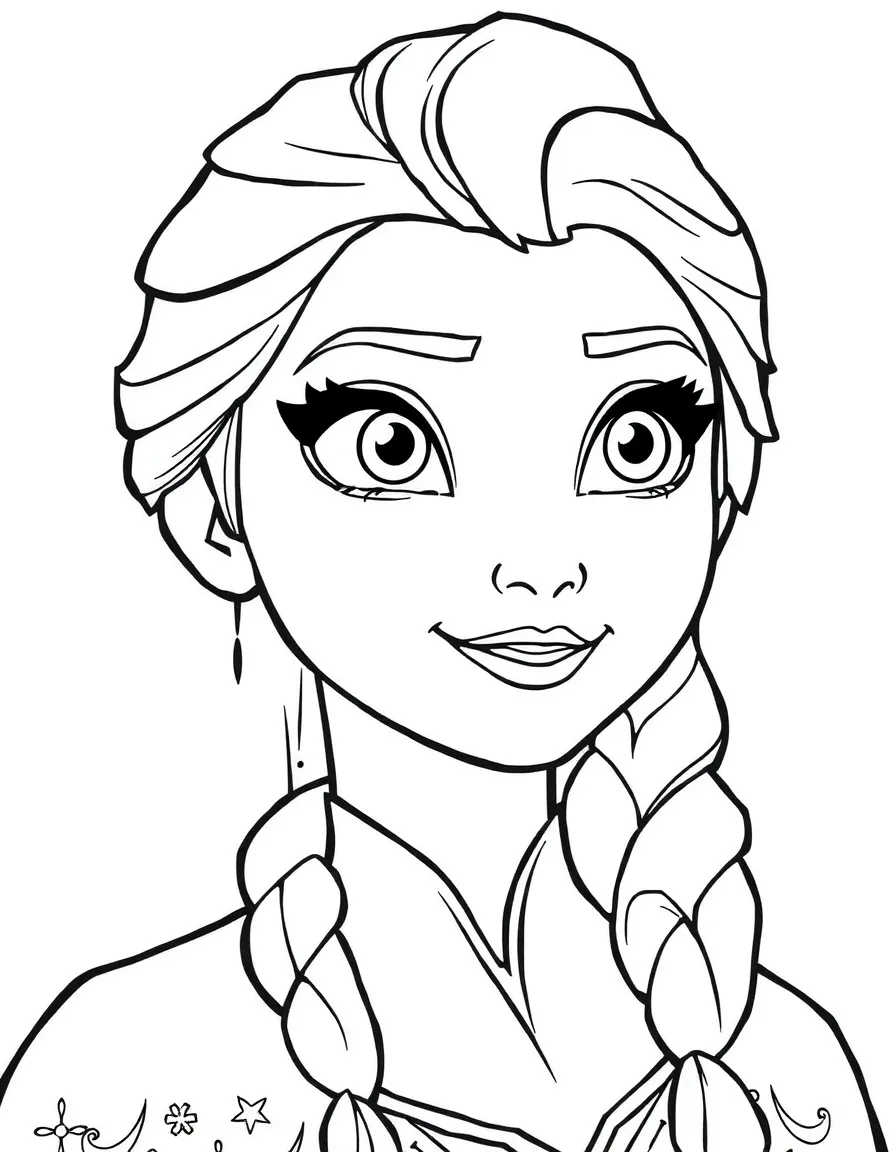 A close-up of Frozen's face in bold lines with expressive eyes and detailed costume elements.